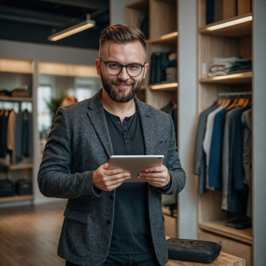 Shop-Manager mit Table in der Hand. Foto: Leonardo.ai